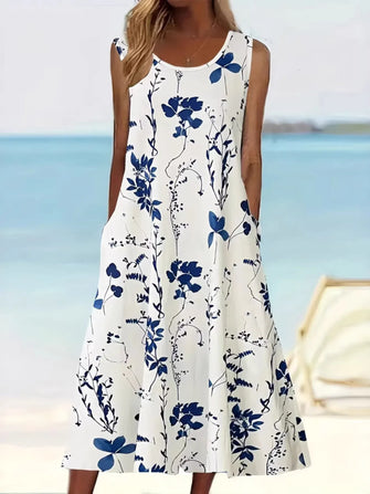 Printed Sleeveless Summer Midi Dress Navy
