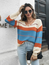 Striped V-Neck Drop Shoulder Sweater Azure Sweater Pullovers