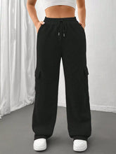 Black relaxed fit pants with wide-leg cargo style, drawstring waistband, and side pockets for casual wear
