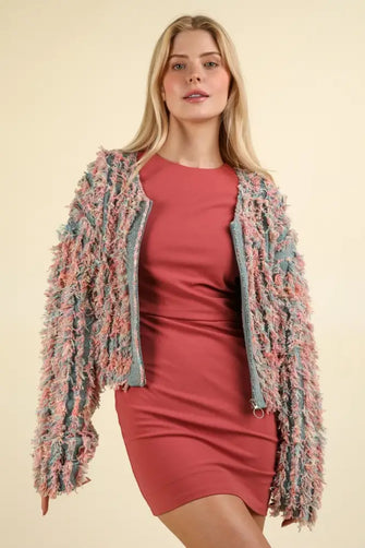 VERY J Shaggy Yarn Knit Zip Up Jacket Green Multi Woman Outerwear