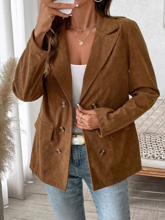 Perfee Decorative Pocket Flap Lapel Collar Long Sleeve Outerwear Brown Casual Dresses