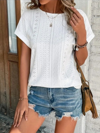Eyelet Round Neck Short Sleeve T-Shirt White