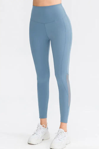 Wide Waistband Slim Fit Long Sports Pants Light Blue Woman Leggings