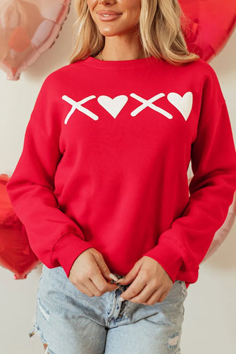 Valentine’s Day XOXO Round Neck Drop Shoulder Sweatshirt Red