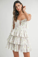 MABLE Floral Print Shoulder Tie Layered Mini Dress Off White Casual Dresses