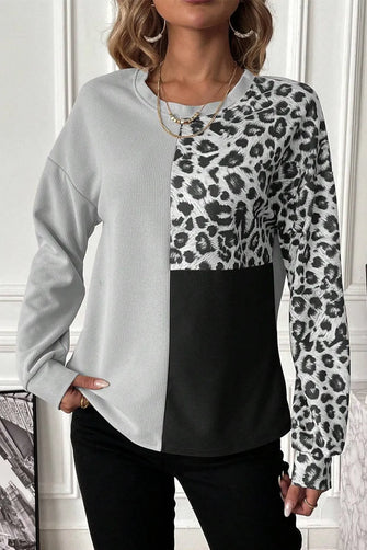 Leopard Color Block Round Neck T-Shirt Dark Gray
