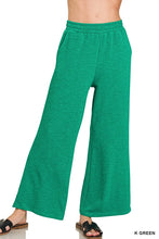 K green wide leg pants with elastic waistband made from soft cotton slub fabric in zenana cotton slub wide leg pants style