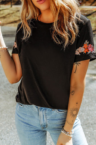 Embroidered Round Neck Tee Shirt Black