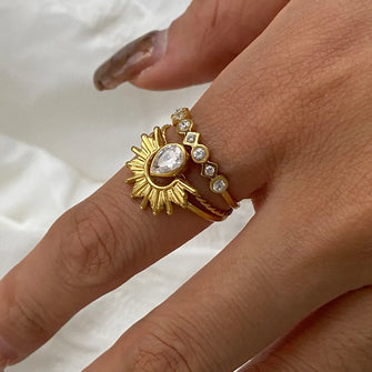 3 Piece Stainless Steel Rhinestone Sunburst Crown Ring Gold One Size