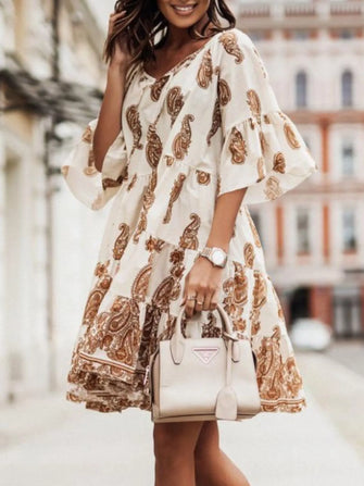 Paisley Print Tie Neck Half Sleeve Mini Dress Apricot
