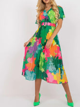 Printed Pleated Midi Wrap Dress with Belt Green
