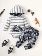 Baby boys striped hooded bodysuit and camouflage pants set