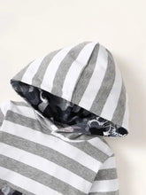 Grey and white striped hooded bodysuit with camouflage pants set