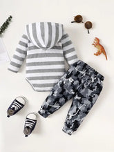 Baby boys striped hooded bodysuit and camouflage pants set