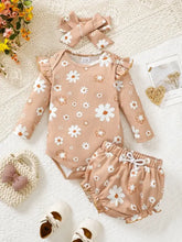 Peach ruffled floral bodysuit, bloomer and headband set with daisies