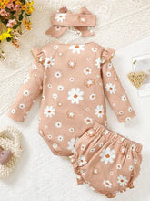 Baby girls ruffled floral bodysuit, bloomer, and headband set