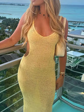 Light yellow ribbed backless cutout scoop neck sleeveless dress