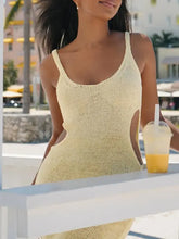 Light yellow knit backless cutout scoop neck tank dress with side cutouts