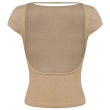 Light tan backless short sleeve ribbed knit top with open back