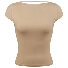 Backless short sleeve ribbed knit top in nude tan