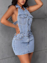 Light-wash denim mini dress with halter neck button-front detailing and side cutouts backless sleeveless design