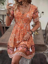 Printed Tie Neck Short Sleeve Summer Dress Orange