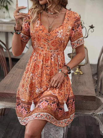 Printed Tie Neck Short Sleeve Summer Dress Orange