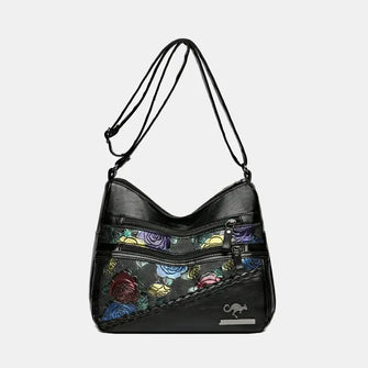 PU Leather Rose Pattern Shoulder Bag Black One Size Shoulder Bags
