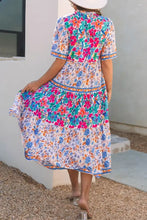 Mixed Floral Print Tie Neck Short Sleeve Dress Casual Dresses