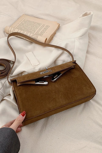 Suede PU Leather Strap Shoulder Bag Brown One Size