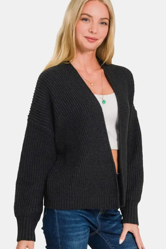 Zenana Open Front Drop Shoulder Sweater Cardigan Black Casual Dresses