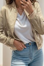 Baseball Collar Zip Up Long Sleeve Jacket Tan Woman Outerwear