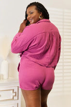 Fuchsia textured cotton pajama shorts set with button-up long sleeve top featuring comfortable sleeve length