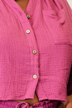 Basic bae buttoned long sleeve top and shorts set featuring a vibrant fuchsia cropped cotton shirt with wood buttons and chest pocket
