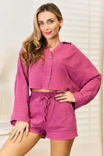 A vibrant magenta Basic Bae two-piece shorts set with cropped button-up top featuring long wide sleeve length and elastic waist