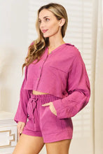 Basic Bae buttoned long sleeve top and shorts set in vibrant magenta textured fabric with sleeve length and shorts set design