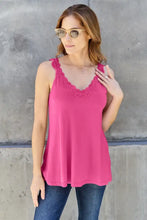 Fuchsia pink sleeveless basic bae cutout cami featuring delicate lace trim along the v-neckline