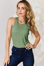 Olive green sleeveless basic bae full size round neck racerback tank made of smooth stretchy fabric