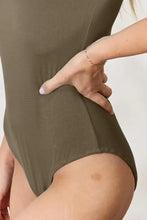 Olive green stretch fabric one-piece bodysuit basic bae full size round neck short sleeve on regular size model-height