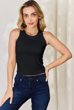Black sleeveless basic bae full size round neck slim tank with fitted silhouette and rounded neckline