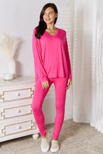 Bright pink rayon long sleeve v-neck top and matching leggings pants lounge set ideal for jeans size comfort