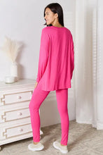 Vibrant pink basic bae full size v neck soft rayon long sleeve top and pants lounge set with stretchy pants lounge fit