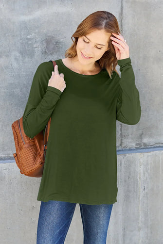 Basic Bae Olive Green Round Neck Long Sleeve Top for Women Army Green