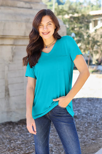 Basic Bae Teal V-Neck Short Sleeve T-Shirt for Women with Pocket Sky Blue