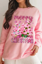 Basic style Merry Christmas pink crewneck sweatshirt with festive trees