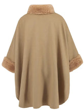 Basic Style Tan Cape with Faux Fur Trim Machine Wash Woman Outerwear
