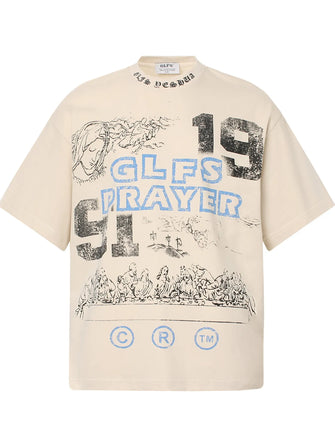 Men's Graphic Round Neck Short Sleeve T-Shirt Apricot