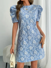 Round Neck Puff Short Sleeve Mini Dress Light Blue Woman Dress