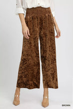 Brown velvet smocked waistband wide leg pants with textured mottled pattern and elasticated waistband by umgee