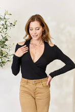 Culture Code Full Size Ribbed Surplice Cold Shoulder Top Black Woman Blouses